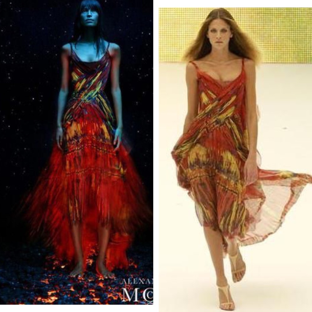ALEXANDER MCQUEEN Spring 2003 IRERE CORSET Silk Feather Runway Dress 44 6-8-10